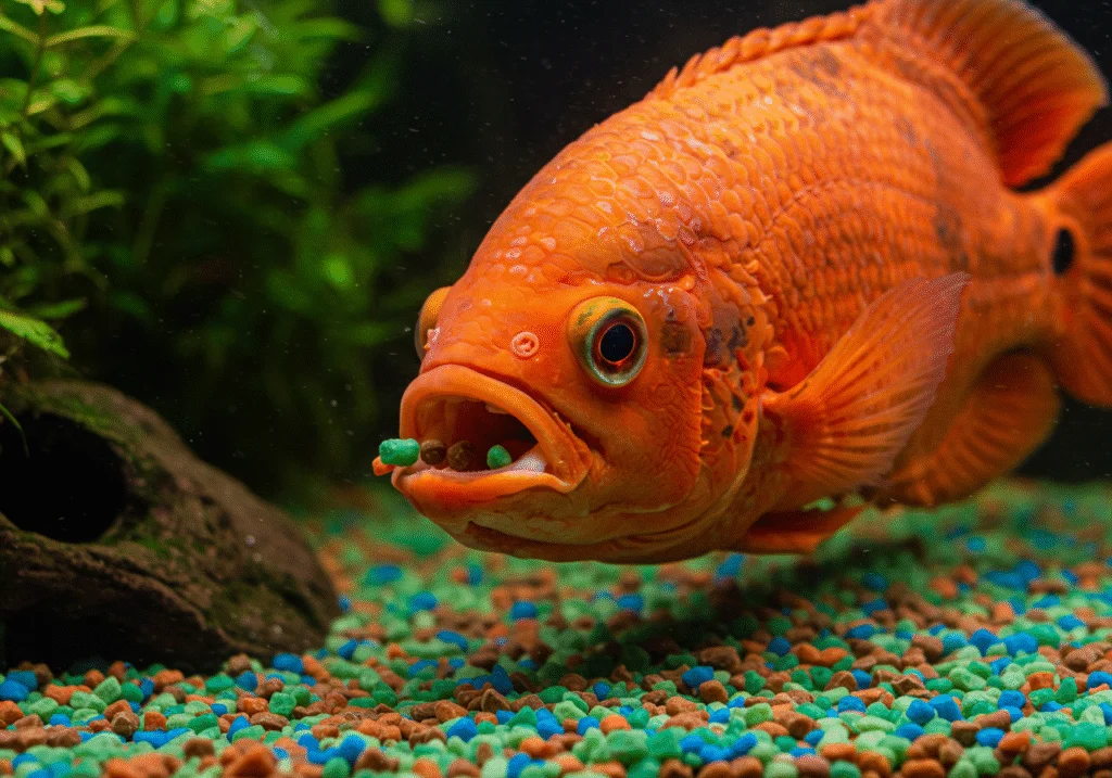 Alimentando o oscar peixe com ração no aquário decorado.