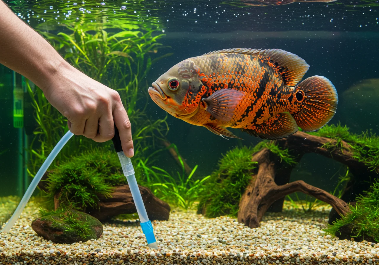 Realizando a limpeza no aquário do oscar peixe com um sifão.