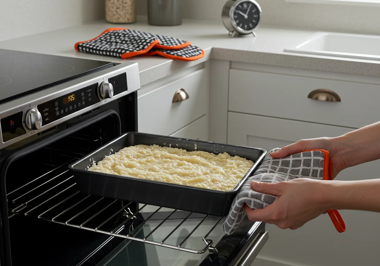 Forma com Po de Tapioca Maria Margarida sendo colocada no forno para assar.
