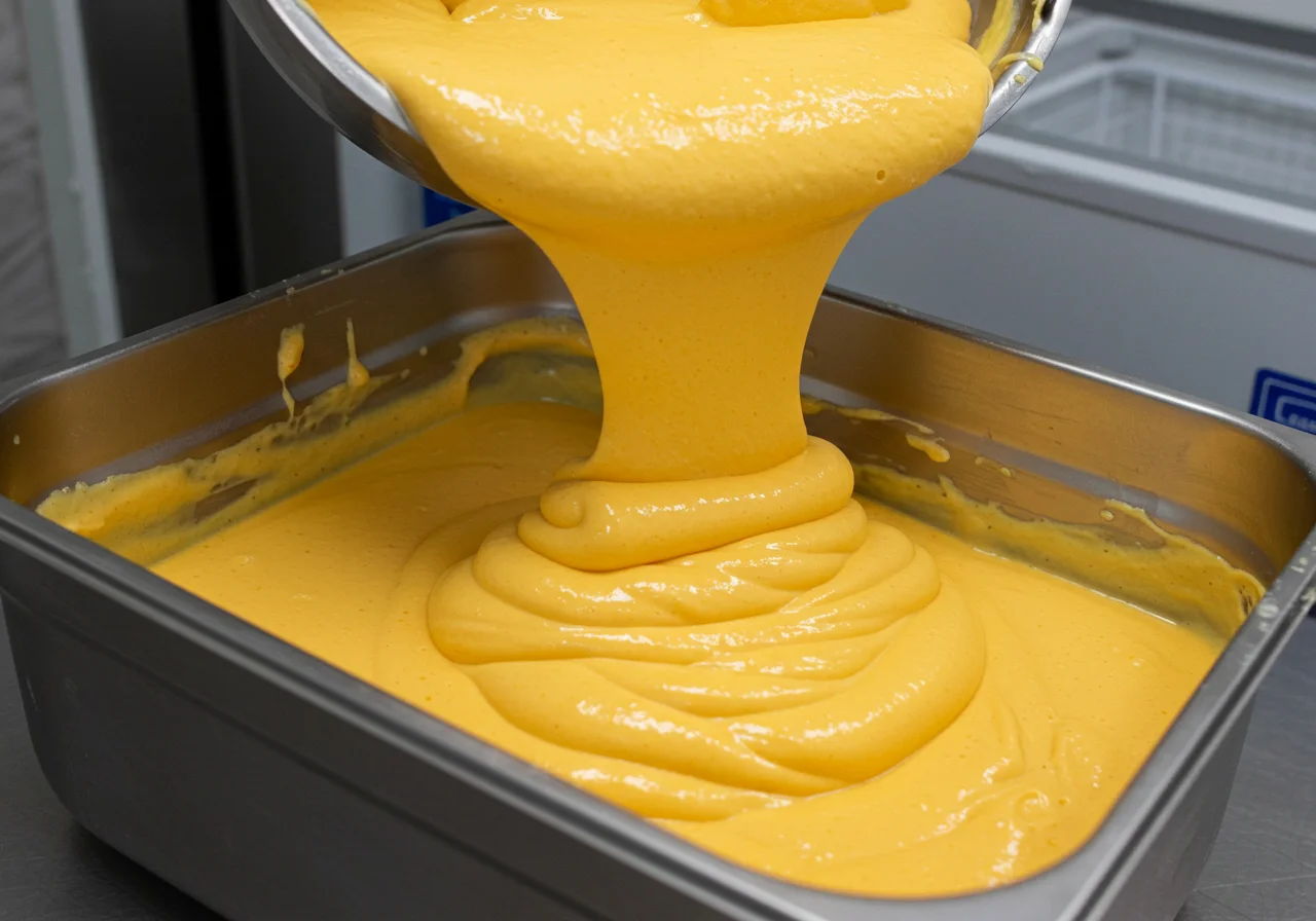 Container sendo preenchido com mousse de polpa de maracujá para congelar.