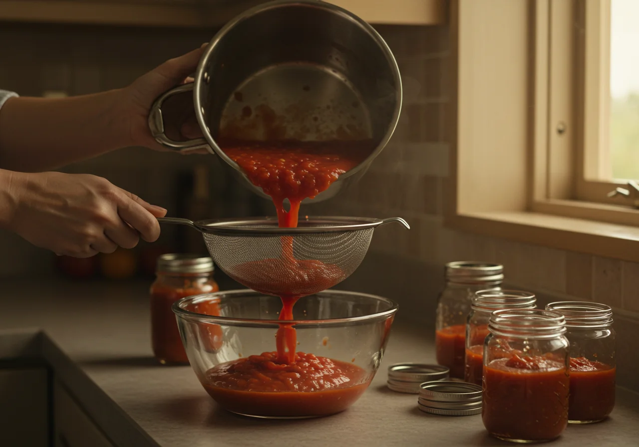 Preparação da polpa de tomate caseira sendo coada antes do envase.