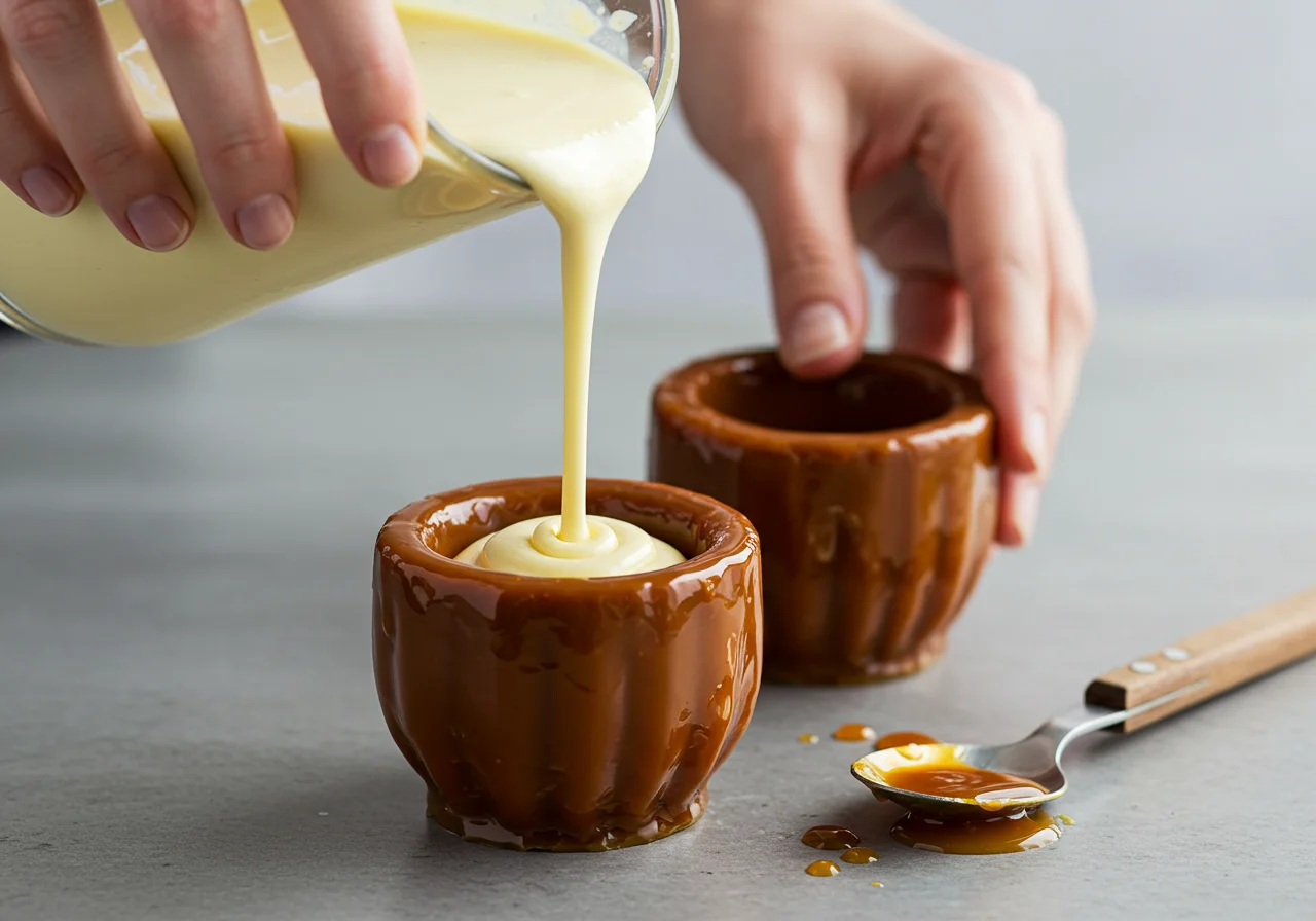Mistura de pudim de doce de leite sendo vertida em uma forma caramelizada.