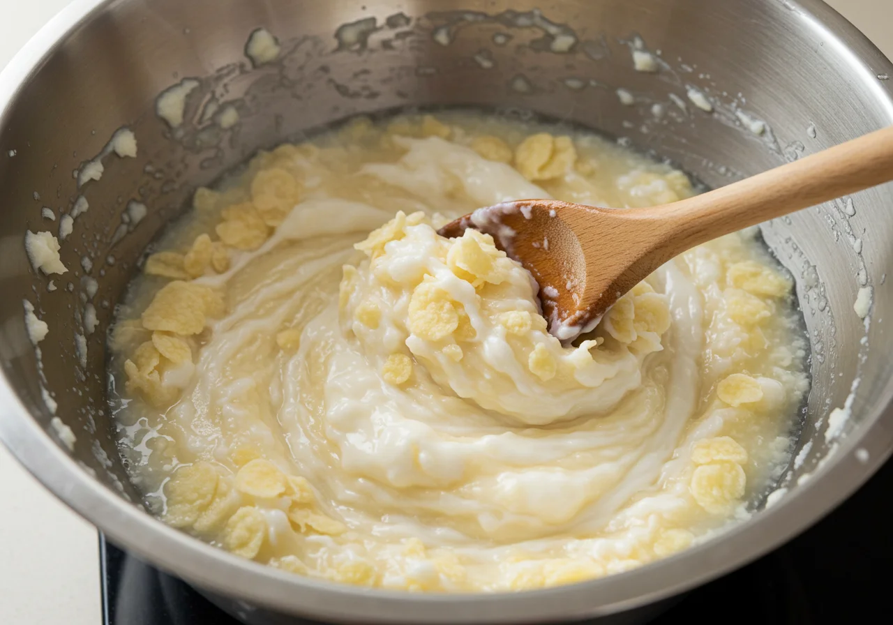 Mistura de flocos de purê de batata em pó e água quente sendo mexida até ficar cremosa.