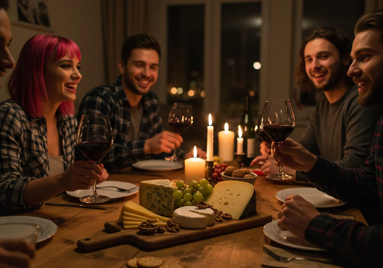 Friends enjoying queijo para vinho and red wine at a dining table.
