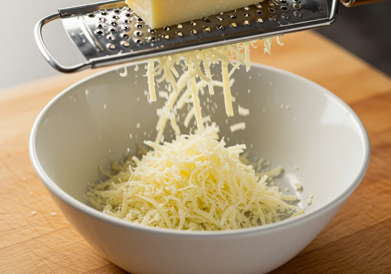 Queijo Faixa Azul Parmesão sendo ralado em uma tigela, perfeito para diversas receitas.