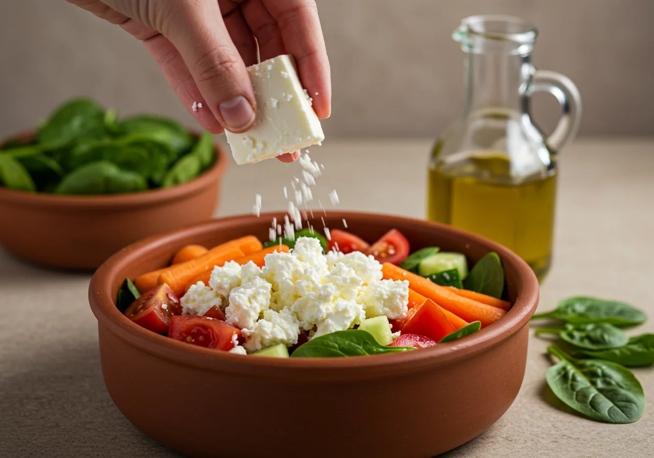 Queijo feta esfarelado sendo adicionado à salada grega caseira, dando sabor e cremosidade.