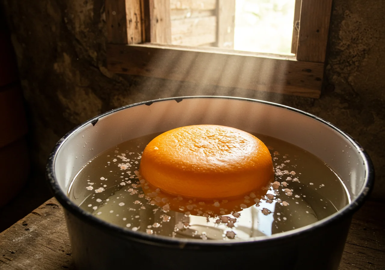 Queijo gorgonzola caseiro sendo colocado em salmoura para cura.