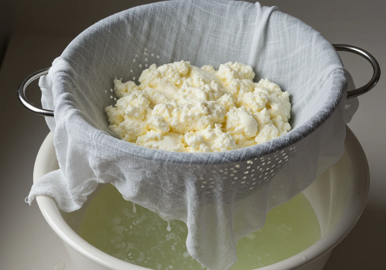 Draining curds from whey in preparation for queijo tipo quark caseiro cremoso azedinho.