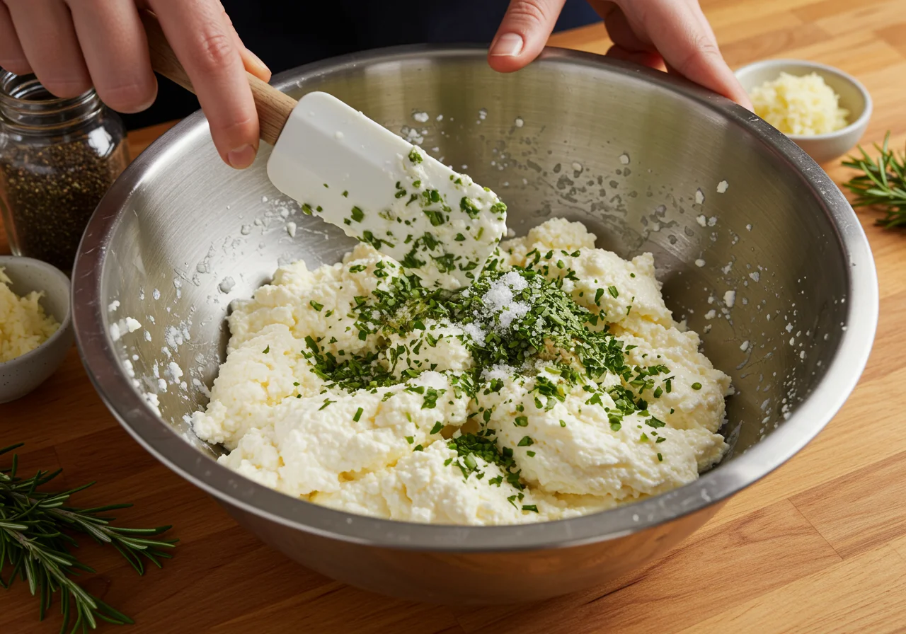 Combining drained curds with salt and herbs for homemade queijo tipo quark.