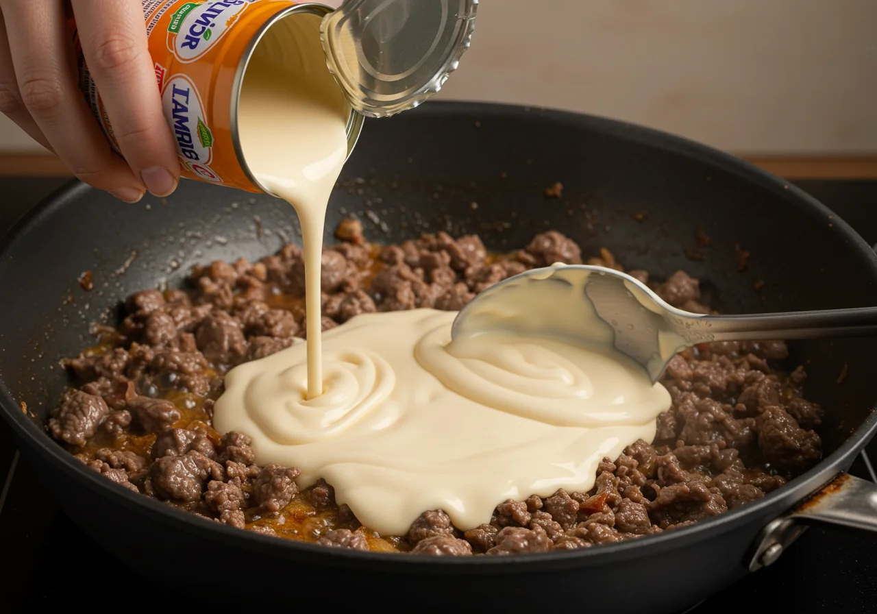 Creme de leite Itambé sendo adicionado ao Strogonoff para uma textura cremosa.