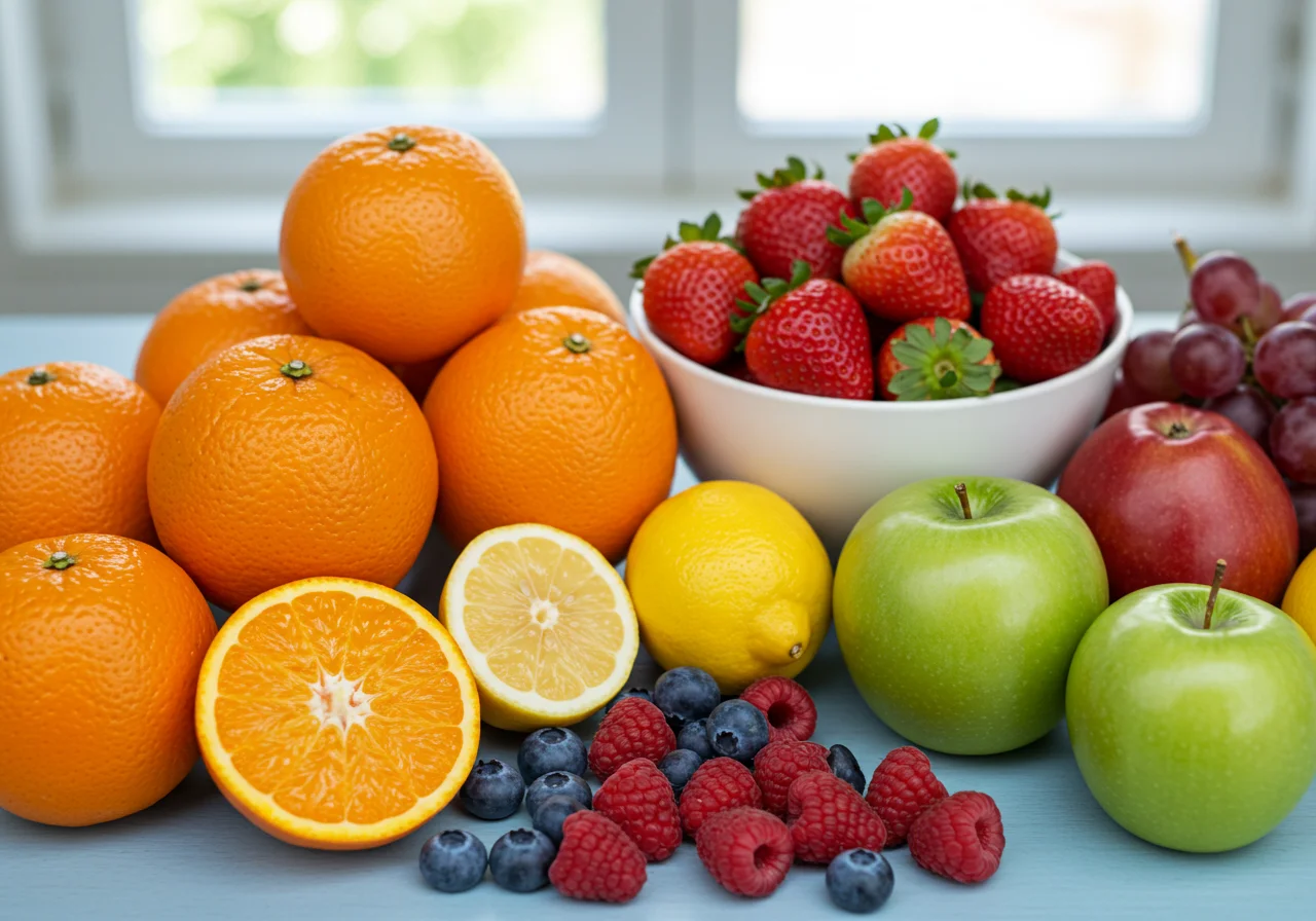 Variety of fresh fruits for making da fruta suco natural.