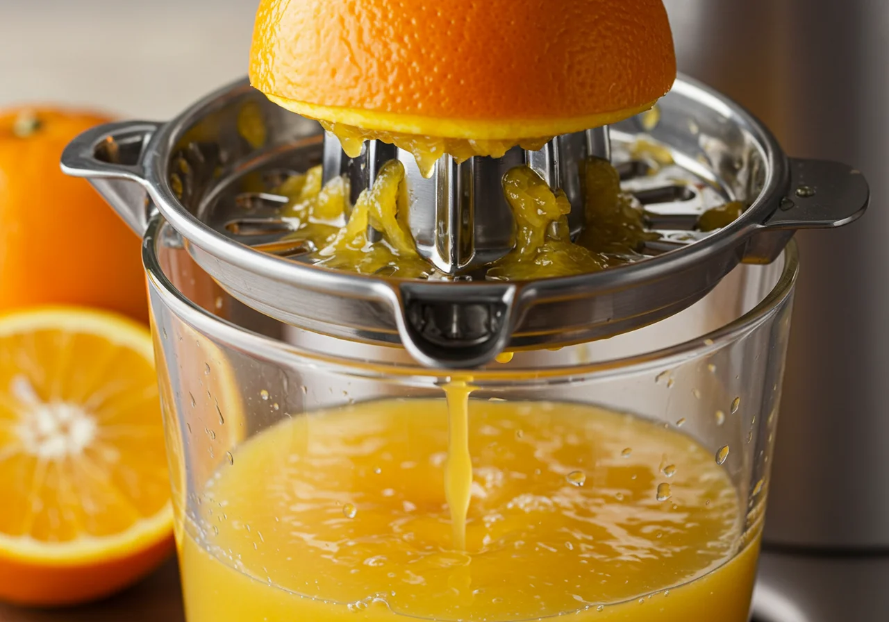Suco de laranja sendo extraído de laranjas frescas com um espremedor.