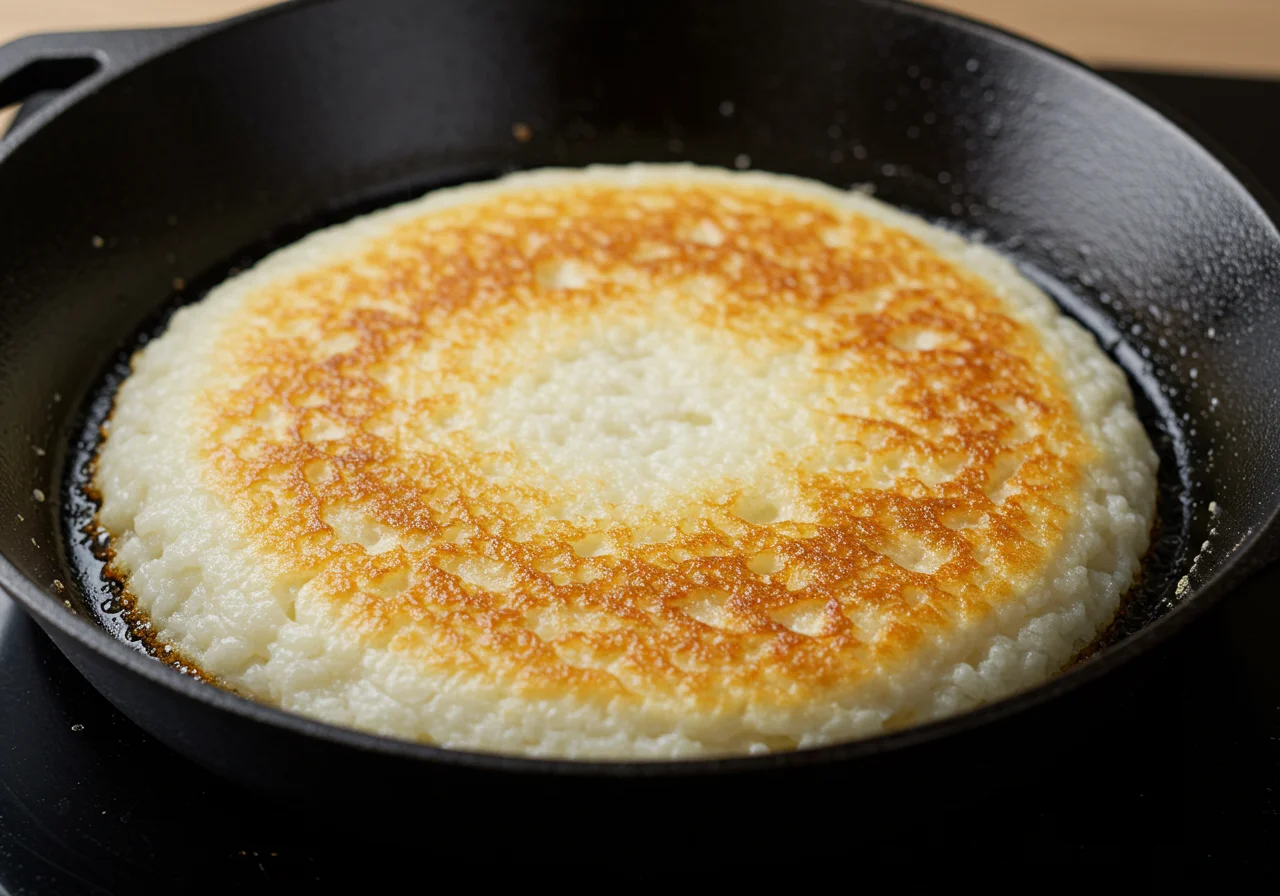 Tapioca simples e rápida sendo cozida na frigideira, mostrando sua preparação deliciosa.