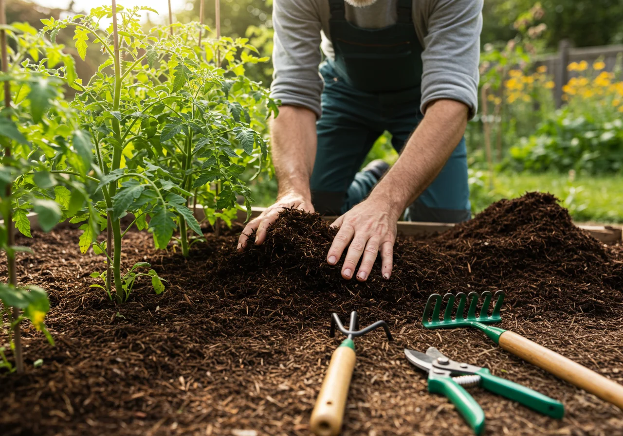 Mulching around tomato rasteiro plants for optimal growth in molho industrial.
