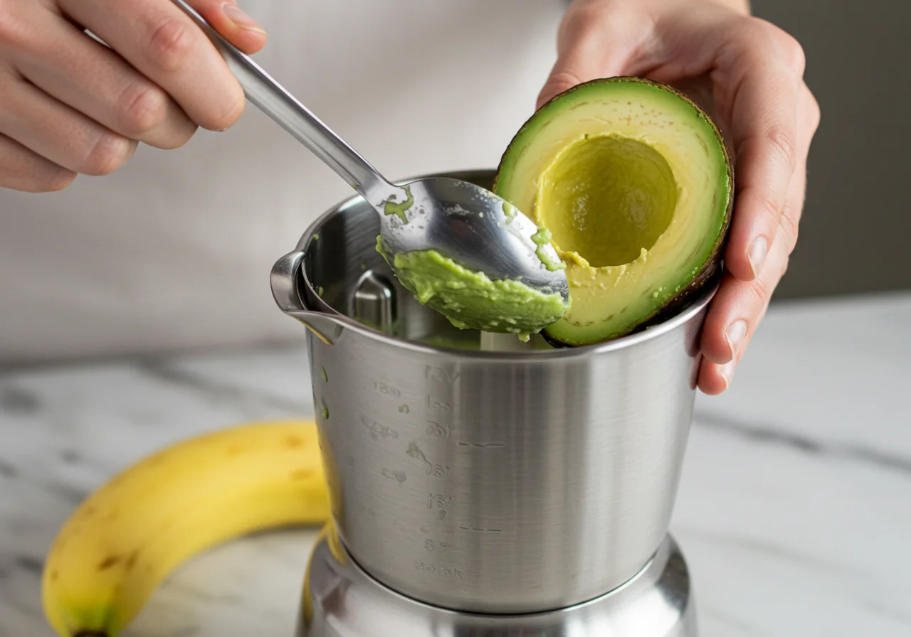 Abacate sendo cortado e colocado no liquidificador para vitamina de abacate com banana.