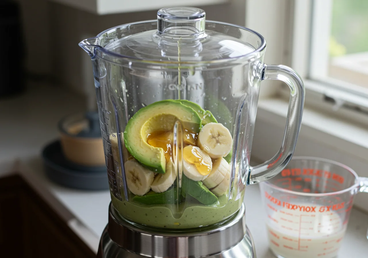 Liquidificador preparado para fazer a vitamina de abacate com banana, com leite ao lado.