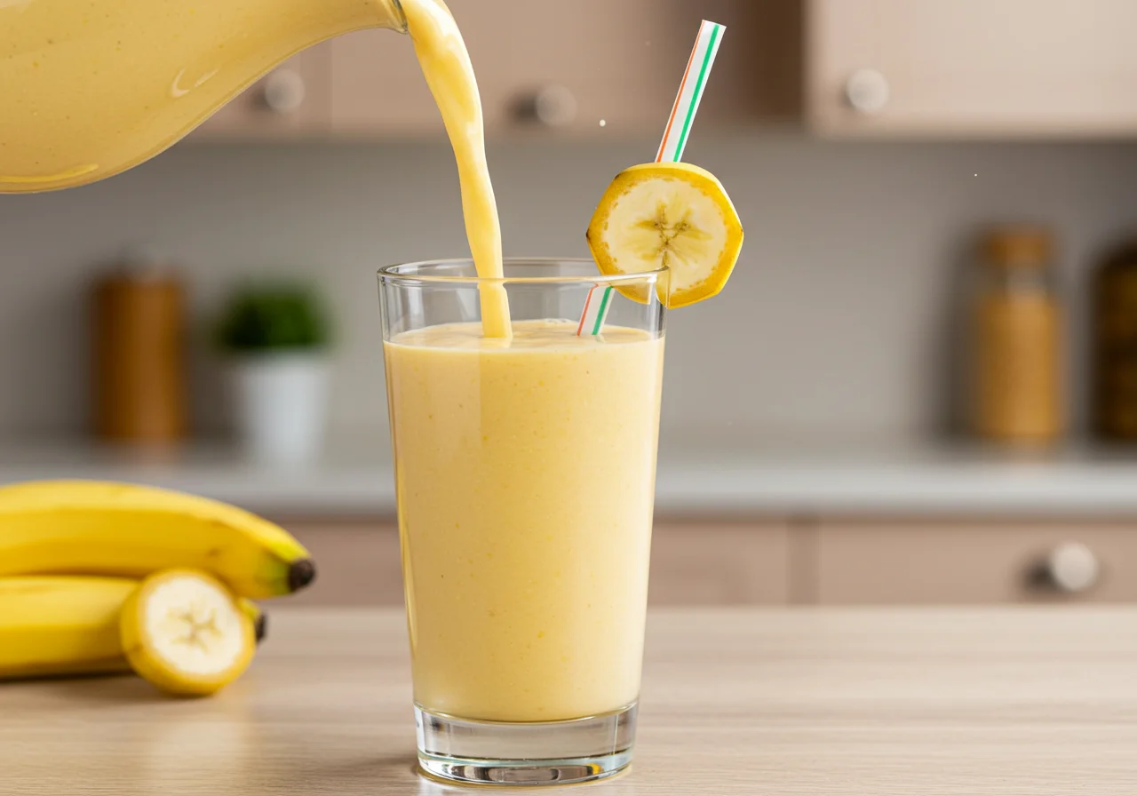 Vitamina de banana sendo servida em um copo alto, mostrando informação nutricional da banana.