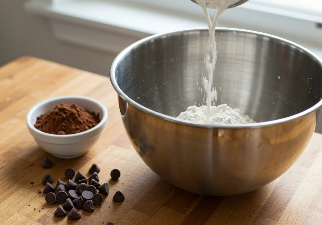 Flour and cocoa powder being added to the banana mixture for the Bolo de Banana com Chocolate.