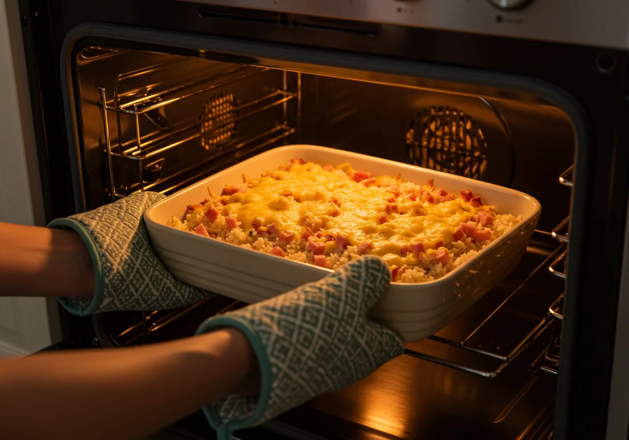 Prato sendo colocado no forno para cozinhar o arroz de forno com presunto e queijo.