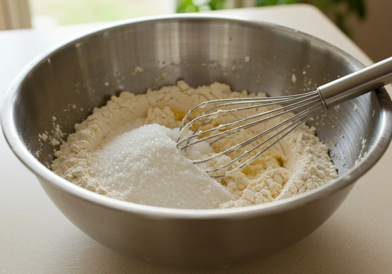 Massa para chocolate língua de gato caseiro com farinha e açúcar na tigela.