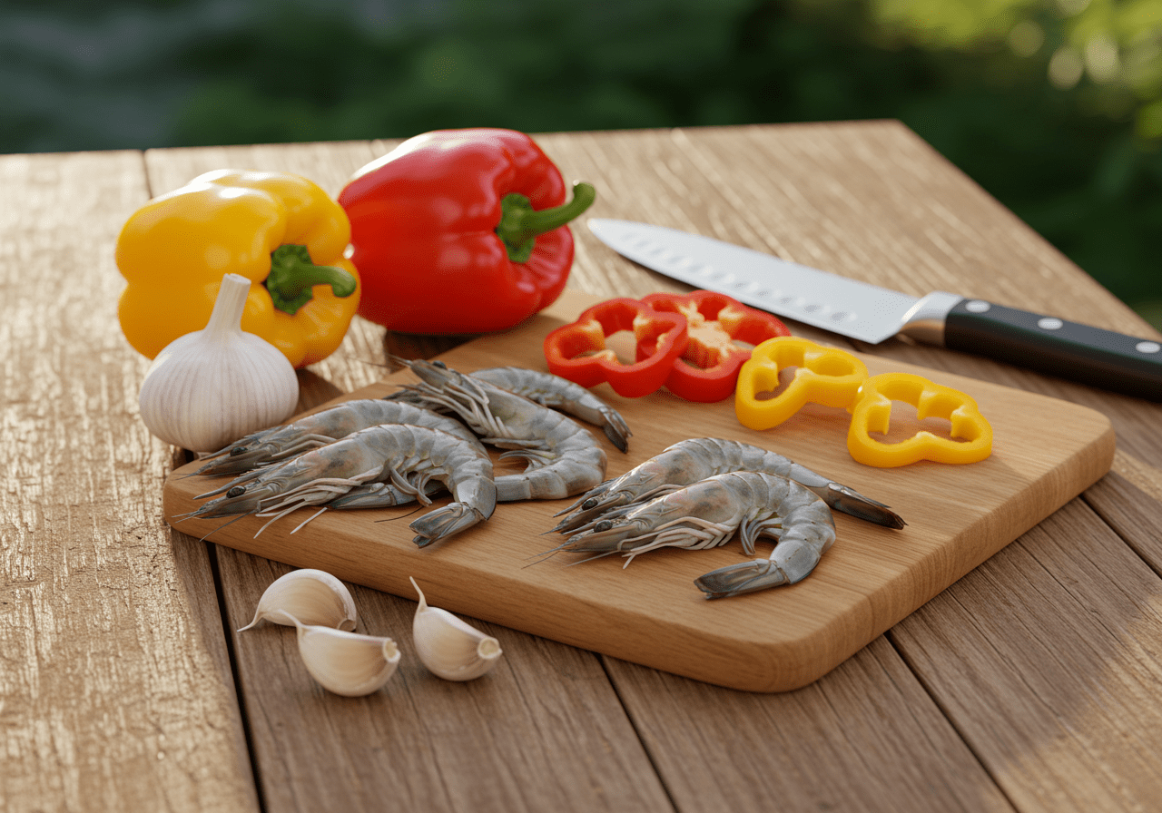 Ingredientes frescos como camarão, alho e pimentões prontos para preparar Moqueca de Camarão Baiana.
