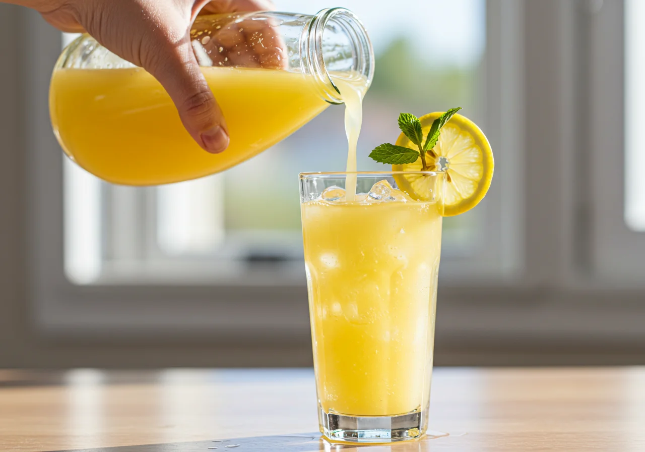 Suco de limão, gengibre e mel sendo servido em um copo com gelo para aumentar a imunidade.