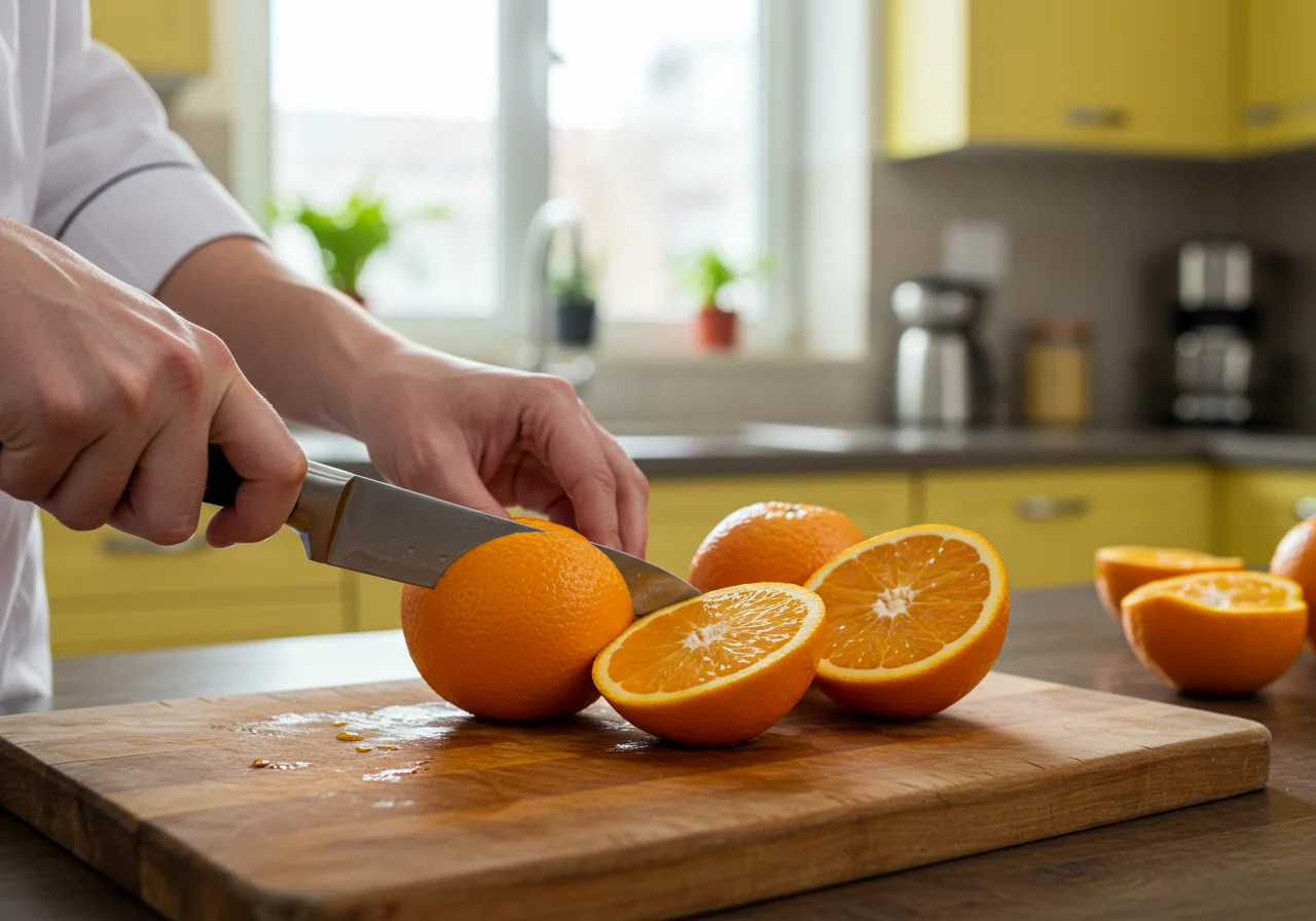 Laranjas frescas cortadas ao meio, prontas para fazer suco de laranja Prats natural.