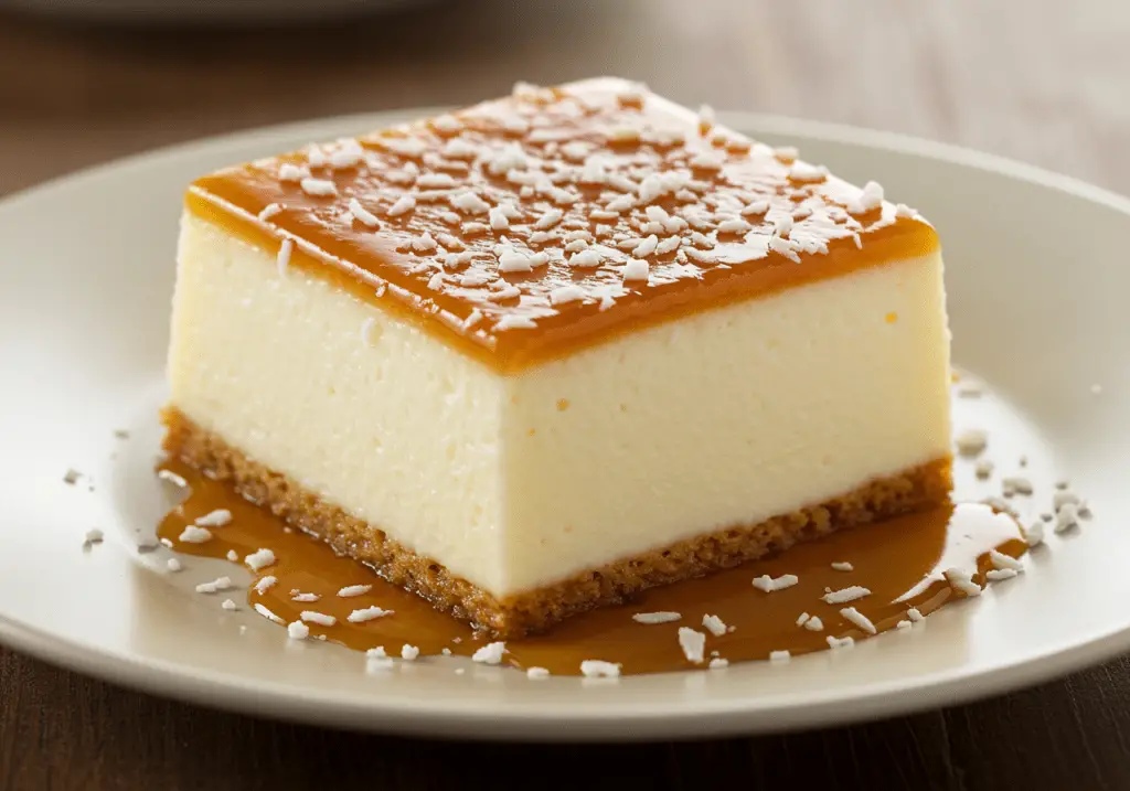 Final presentation of Manjar Branco with caramel sauce and coconut flakes, an elegant Brazilian dessert.