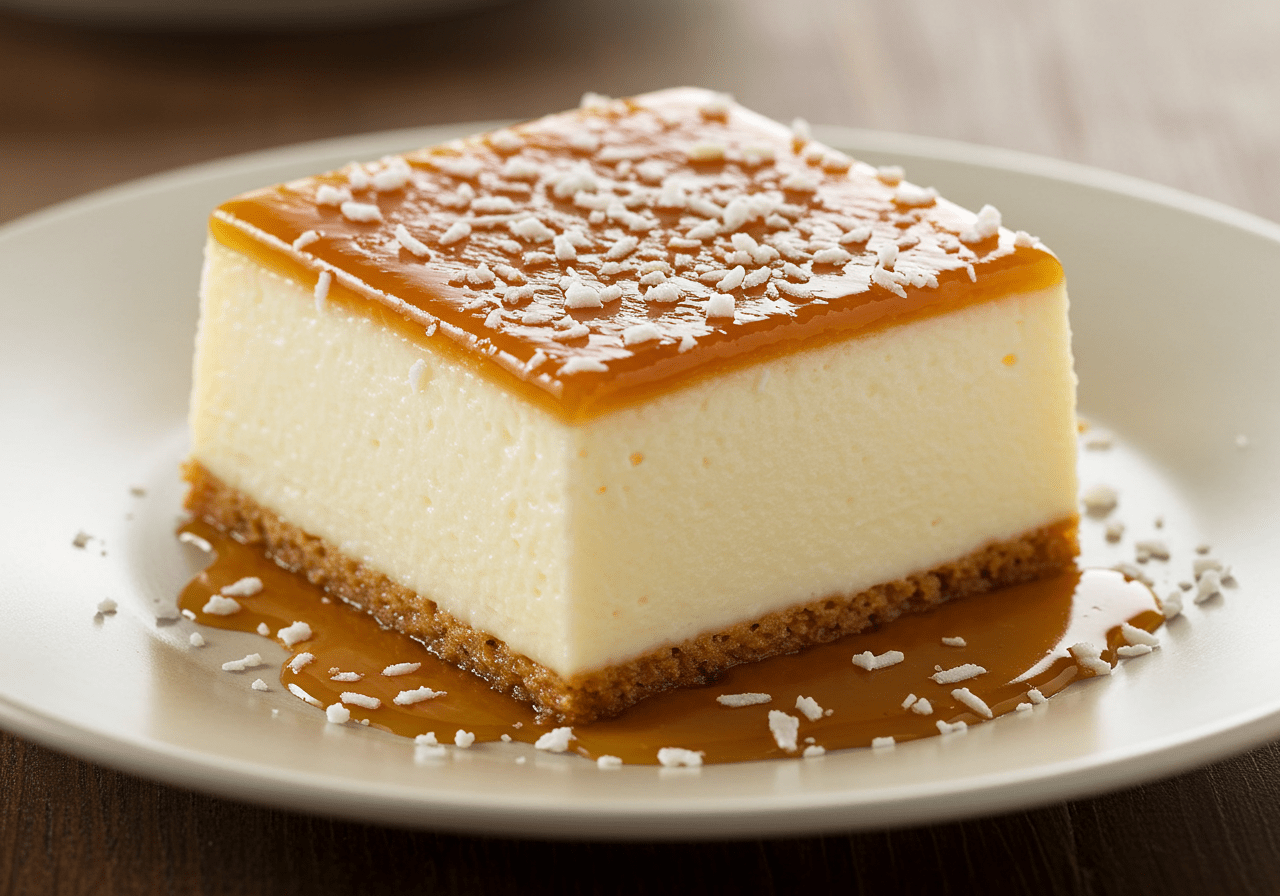 Final presentation of Manjar Branco with caramel sauce and coconut flakes, an elegant Brazilian dessert.