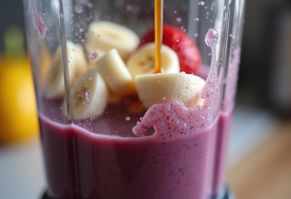 Açaí smoothie being blended with fruits and guarana syrup for extra energy.