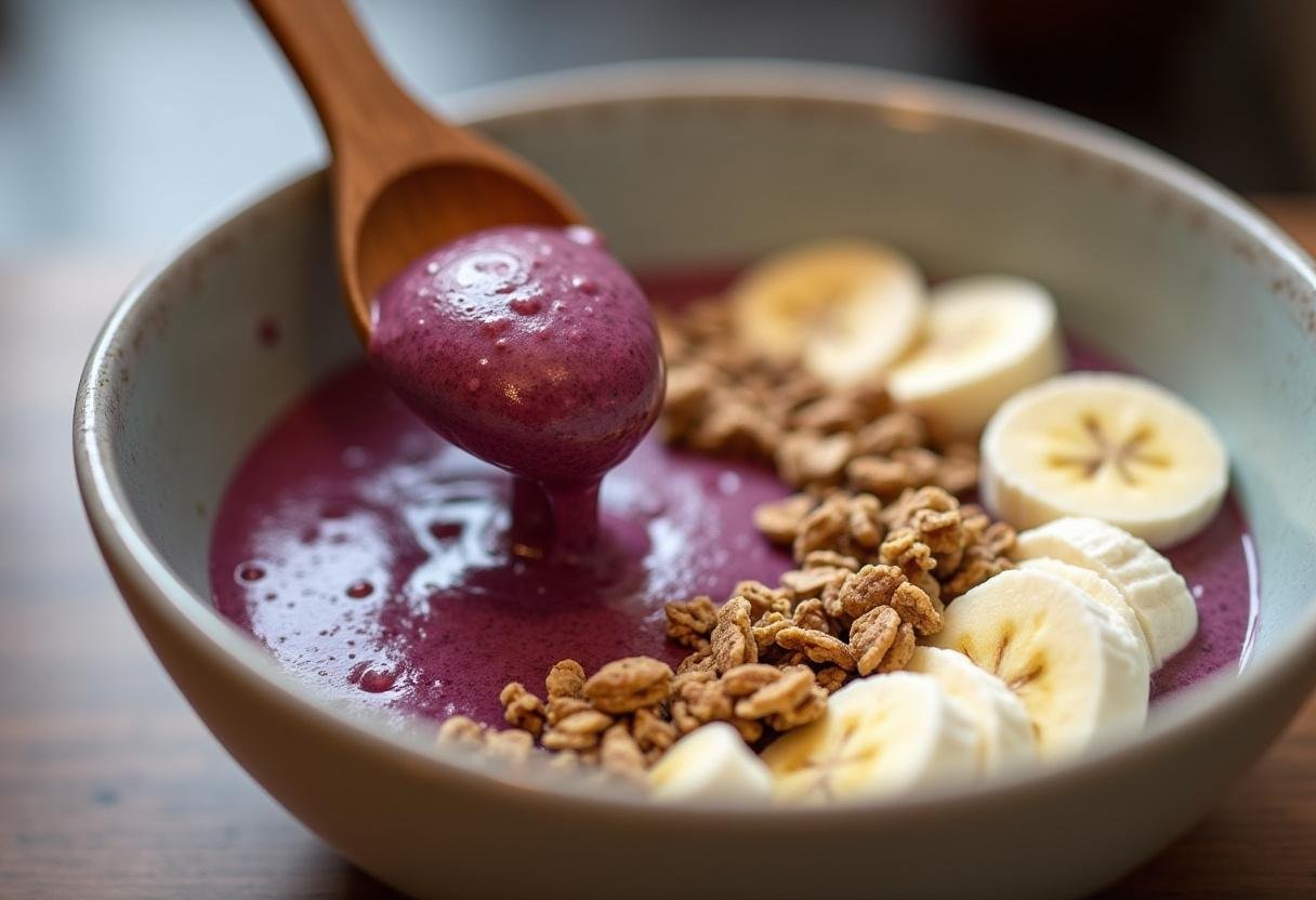 Thick açaí mixture being transferred to a bowl for Açaí na Tigela.
