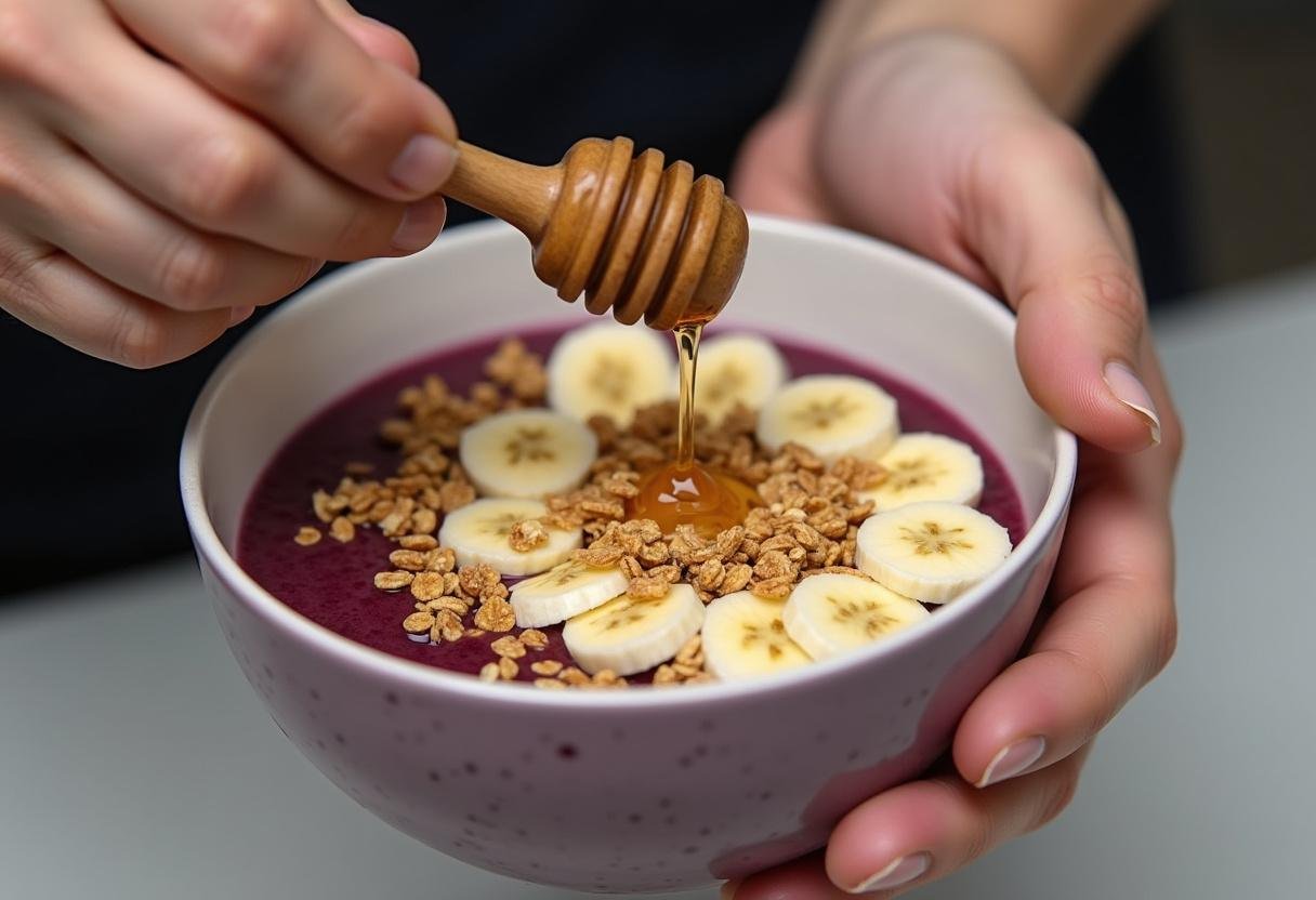 Granola and banana slices being added to Açaí na Tigela, topped with honey.