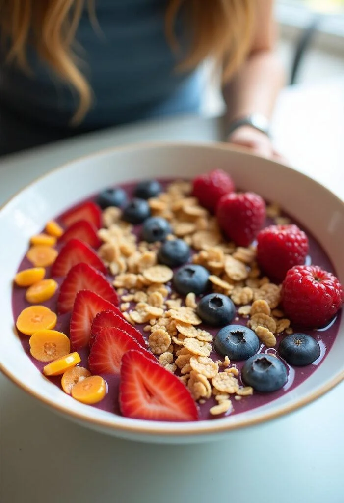 Tigela de Açaí Energizante do Norte finalizada, rica em nutrientes e sabor.