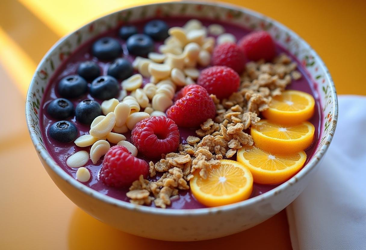 Tigela de Açaí Energizante do Norte finalizada, rica em nutrientes e sabor.