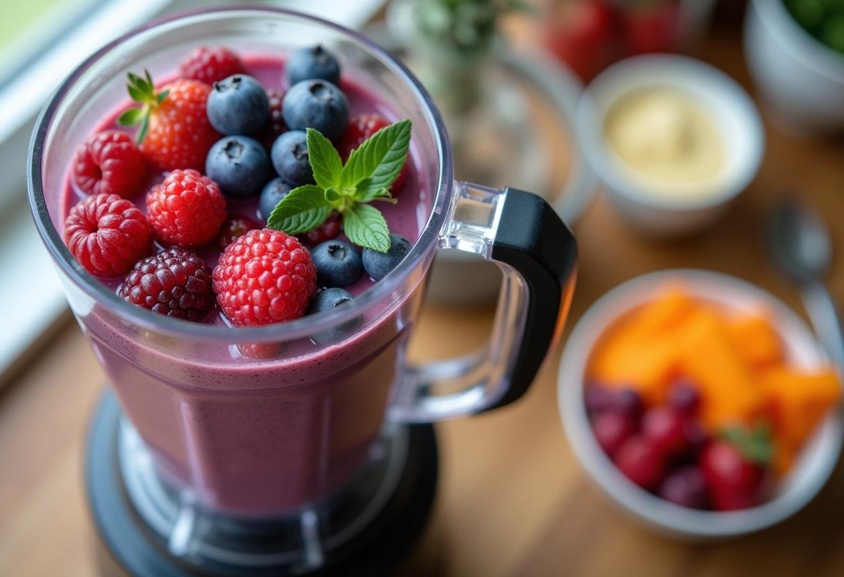 Mistura de açaí berries sendo liquidificada para a receita de Açaí na Tigela Energizante do Norte.