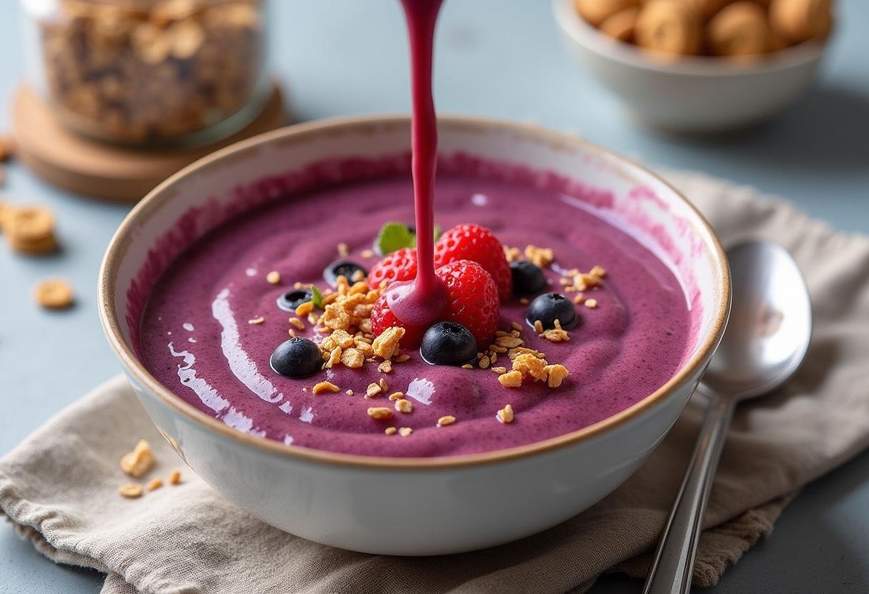 Smoothie de açaí servido em uma tigela pronta para receber granola caseira.