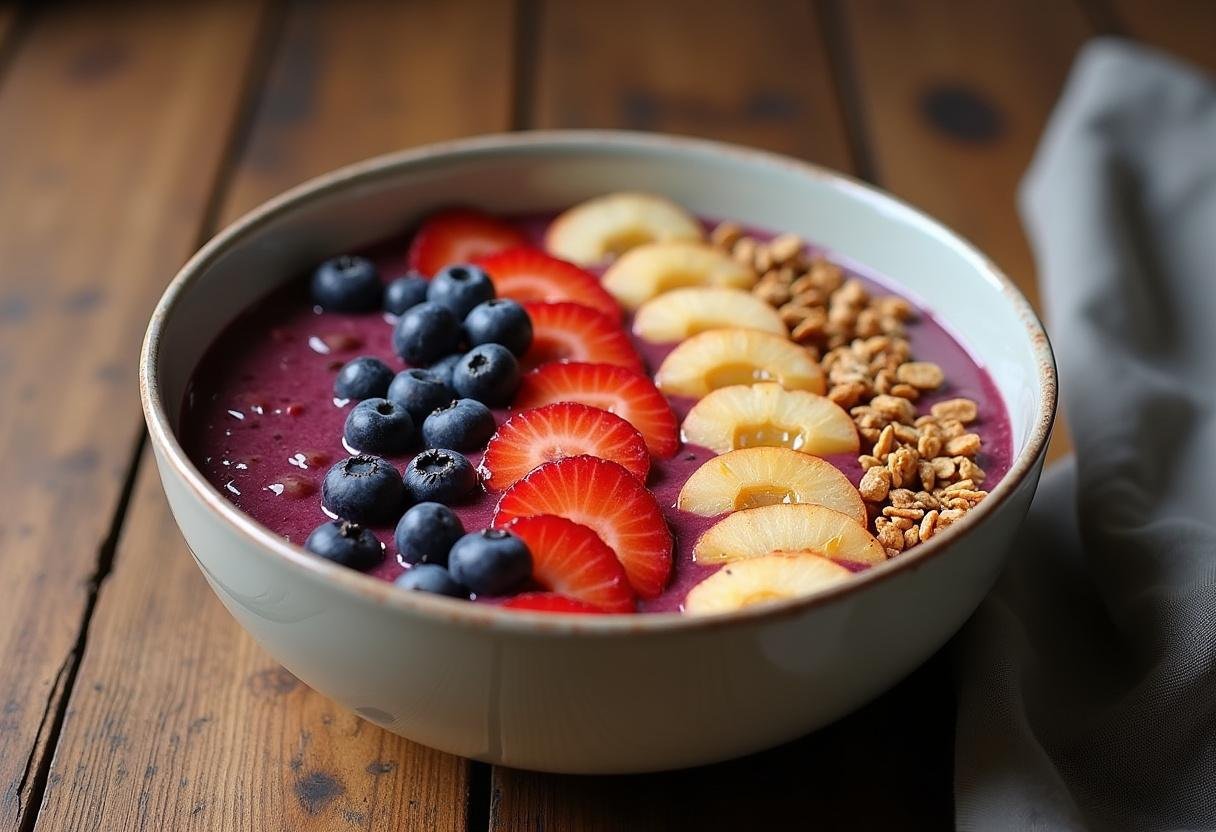 Tigela de açaí energizante decorada, pronta para ser servida e apreciada.