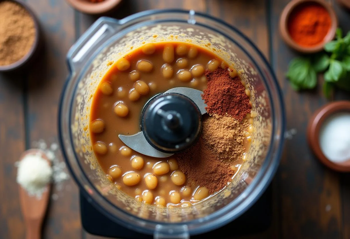 Mistura de feijão-fradinho e temperos no liquidificador para Acarajé Baiano Saboroso.