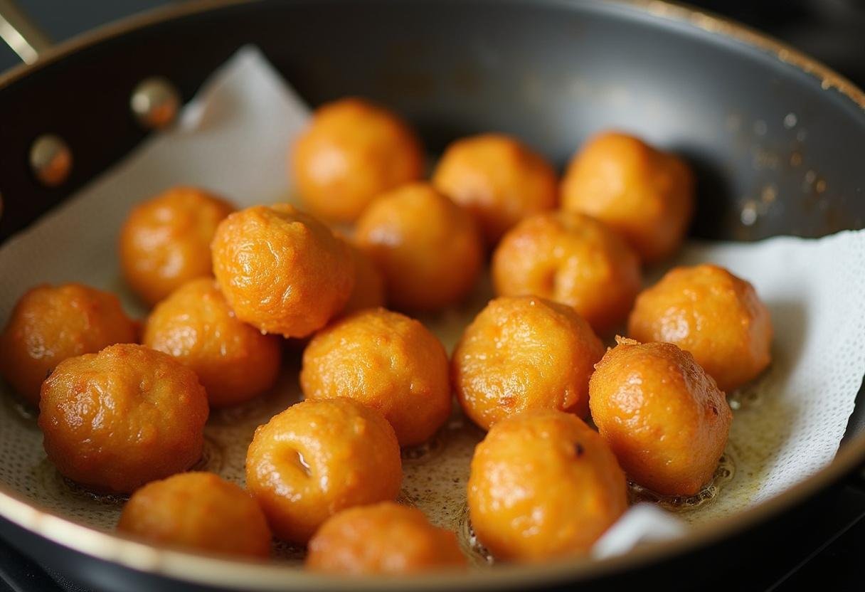 Acarajé frito sendo aberto e recheado com vatapá picante para o prato final.