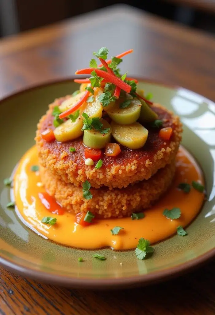 Final presentation of Acarajé Explosivo do Nordeste com Molho Apimentado, a colorful and spicy dish.