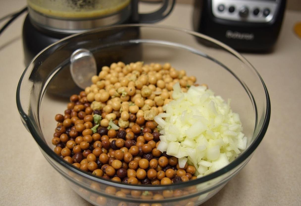 Prepping black-eyed peas and onions for Acarajé Explosivo do Nordeste.