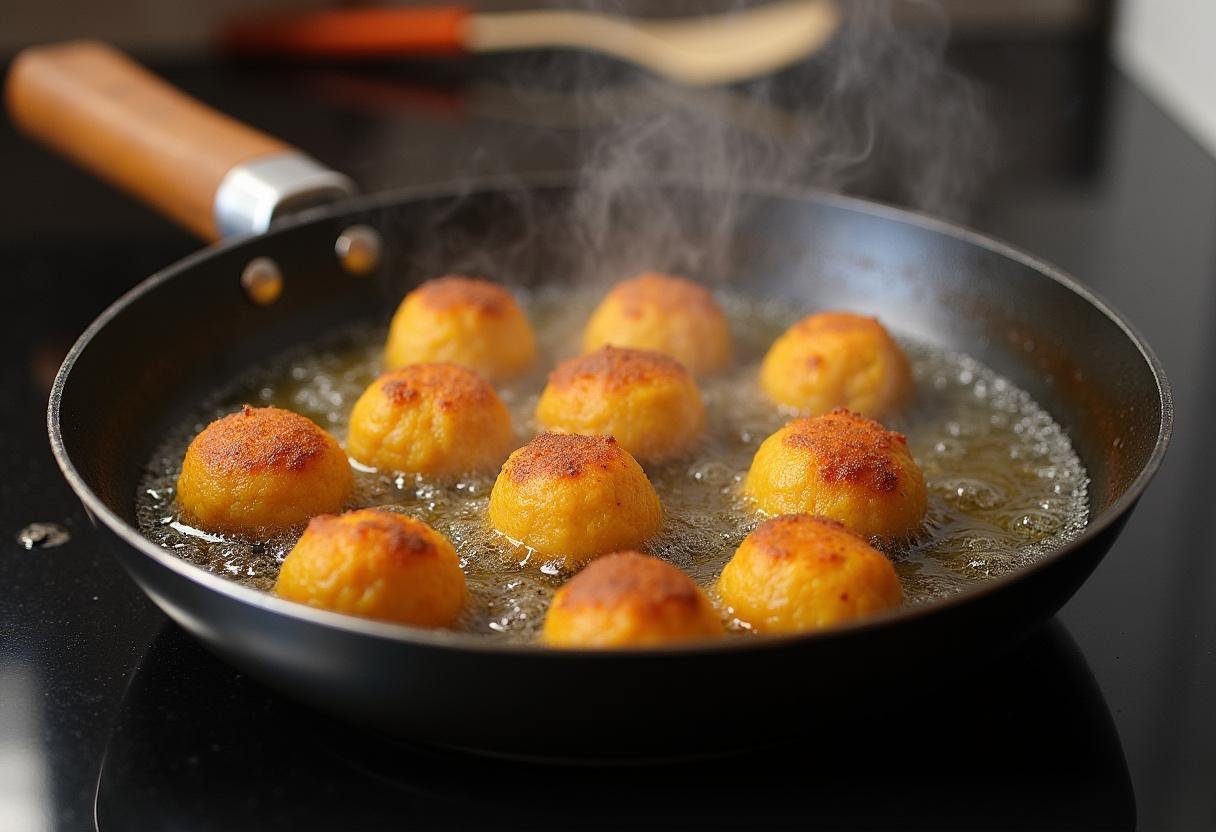 Frying acarajé balls to a perfect golden color for Acarajé Explosivo do Nordeste.