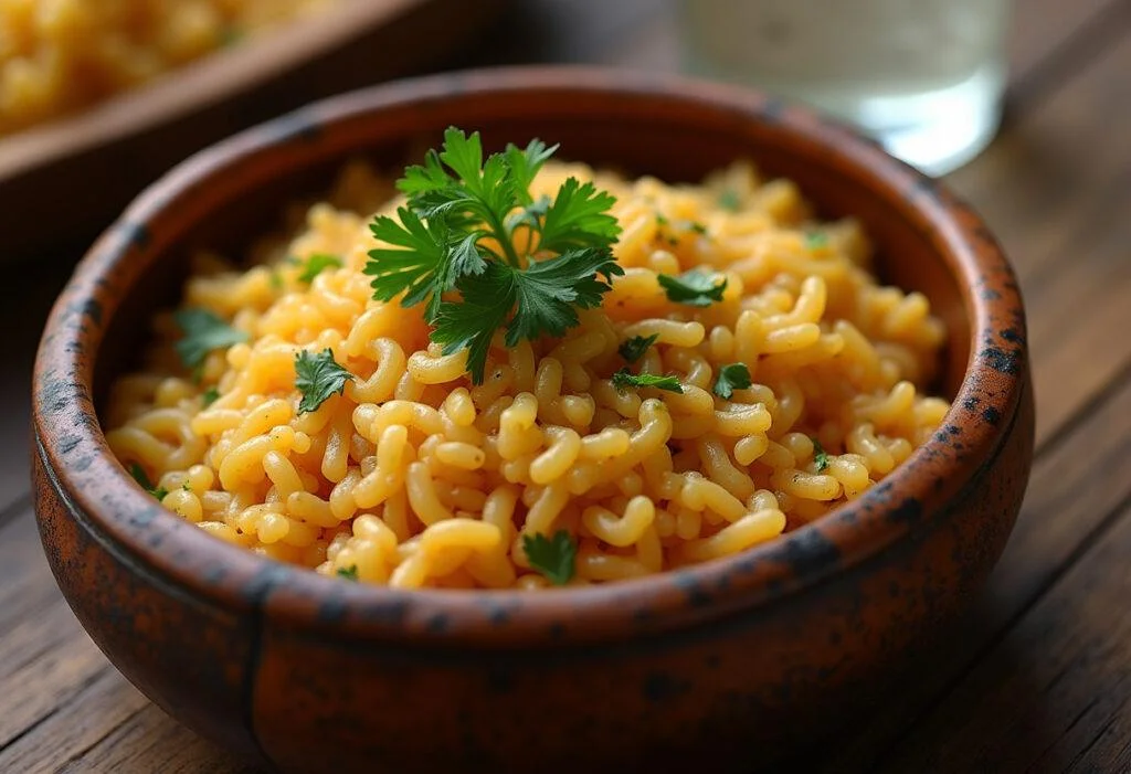 Arroz carreteiro servido em uma tigela rústica, acompanhado de farofa.