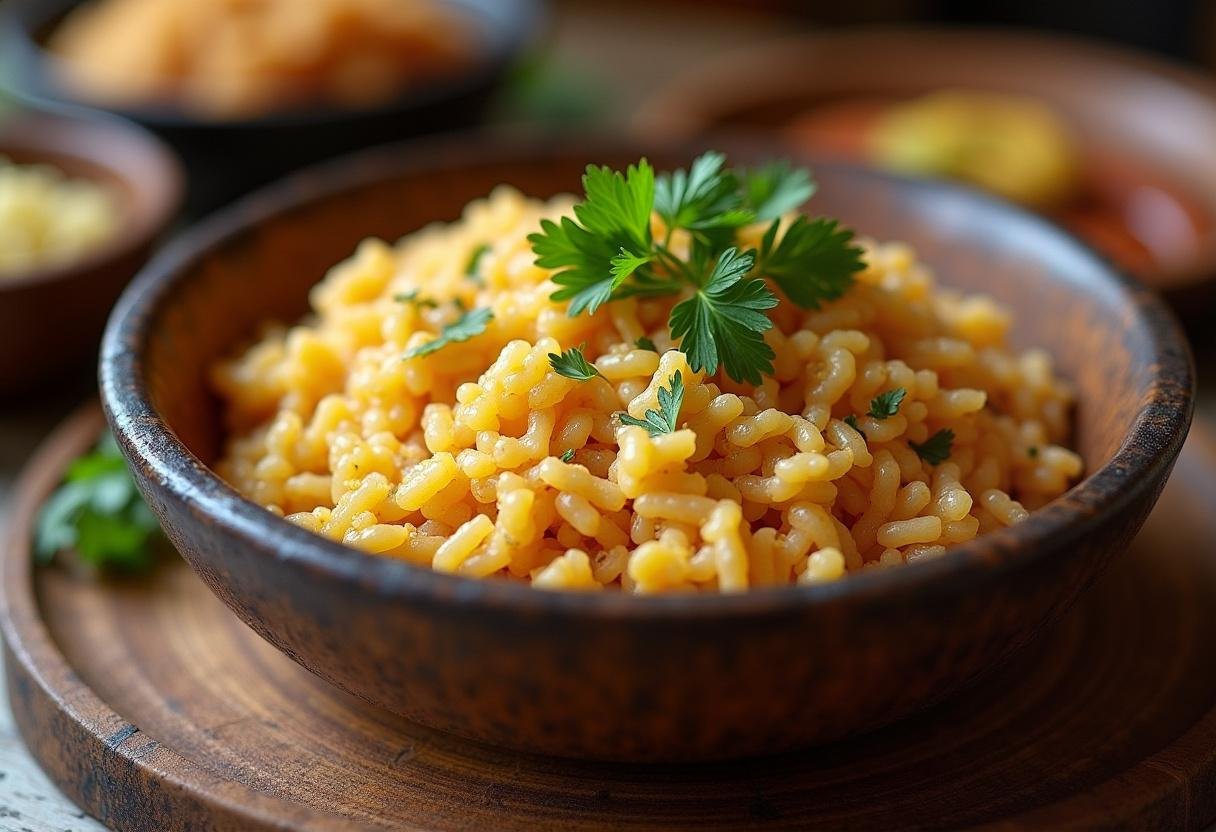 Arroz carreteiro servido em uma tigela rústica, acompanhado de farofa