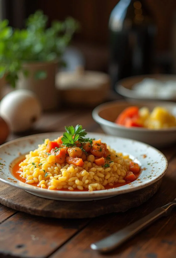 Arroz Carreteiro Reconfortante servido em uma mesa rústica com guarnição e vegetais em conserva.