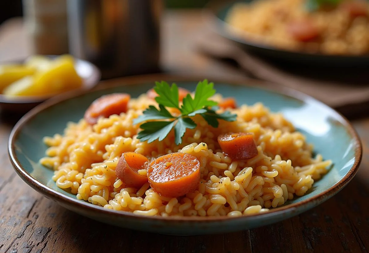 Arroz Carreteiro Reconfortante servido em uma mesa rústica com guarnição e vegetais em conserva.