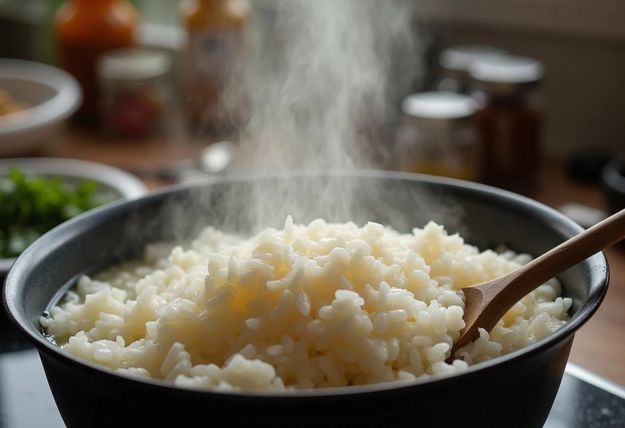 Preparando arroz para Arroz Carreteiro Reconfortante com ervas e especiarias ao fundo.