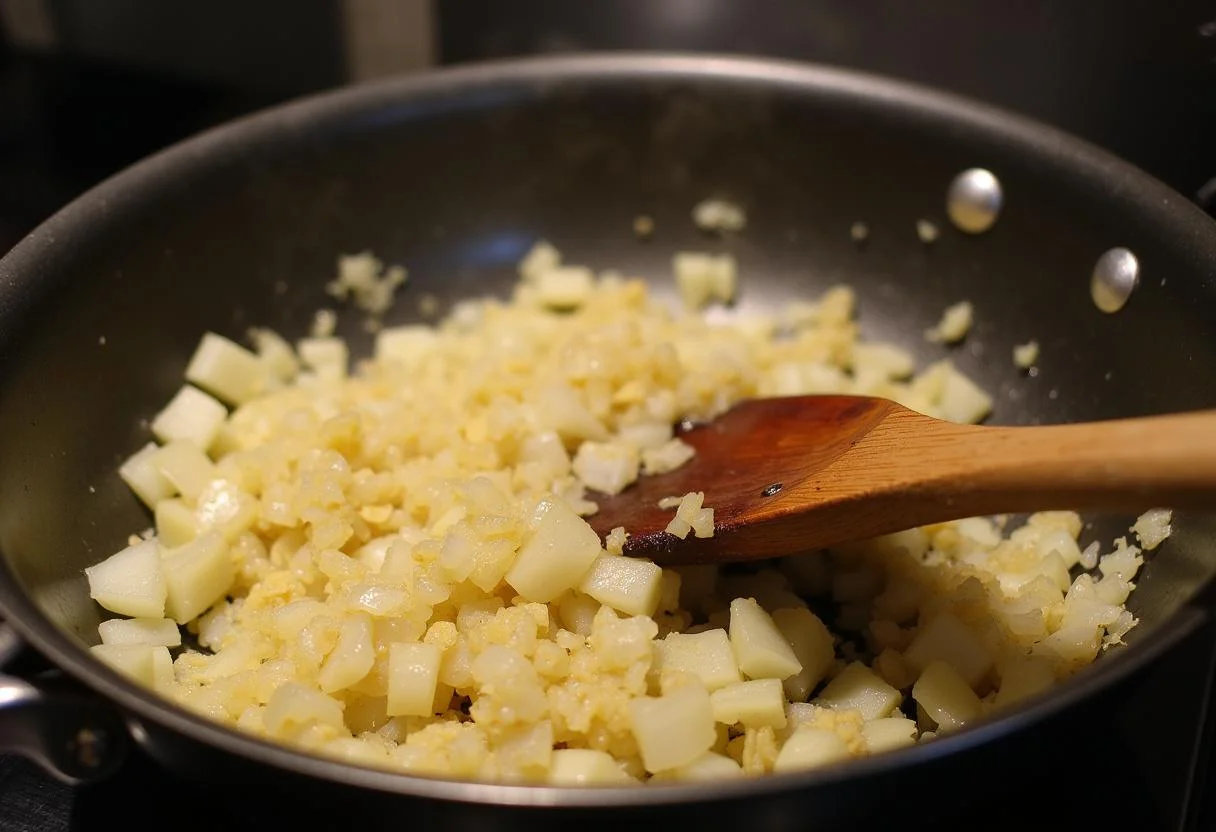 Cebolas e alho dourando em uma frigideira para o Arroz Carreteiro Reconfortante.
