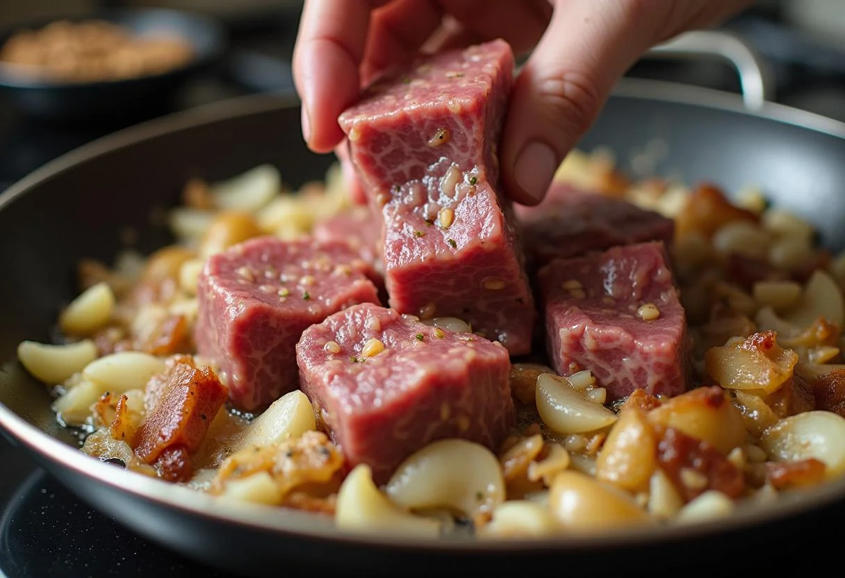 Carne cozida sendo adicionada à frigideira para Arroz Carreteiro Reconfortante.
