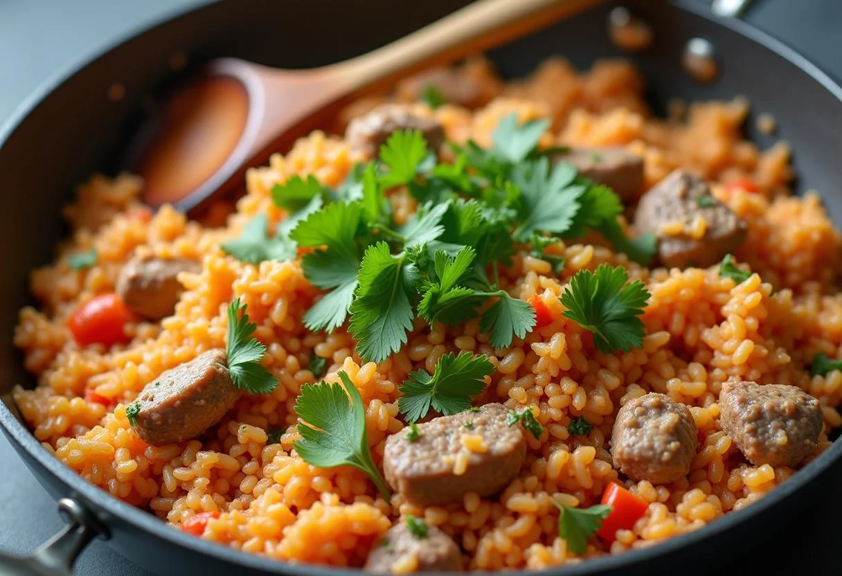 Mistura de arroz e carne sendo incorporada em uma panela para Arroz Carreteiro Reconfortante.